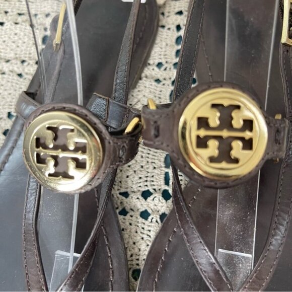 Tory Burch Ali-Anteka Leather Brown coconut Sandals 8.5 Gold hardware slingback - Picture 6 of 11